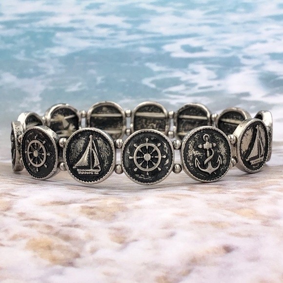 🌼 Nautical Coin Burnished Silver Stretch Bracelet - Picture 1 of 2